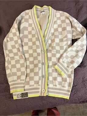 Geometric Neutral Cardigan with Neon Trim